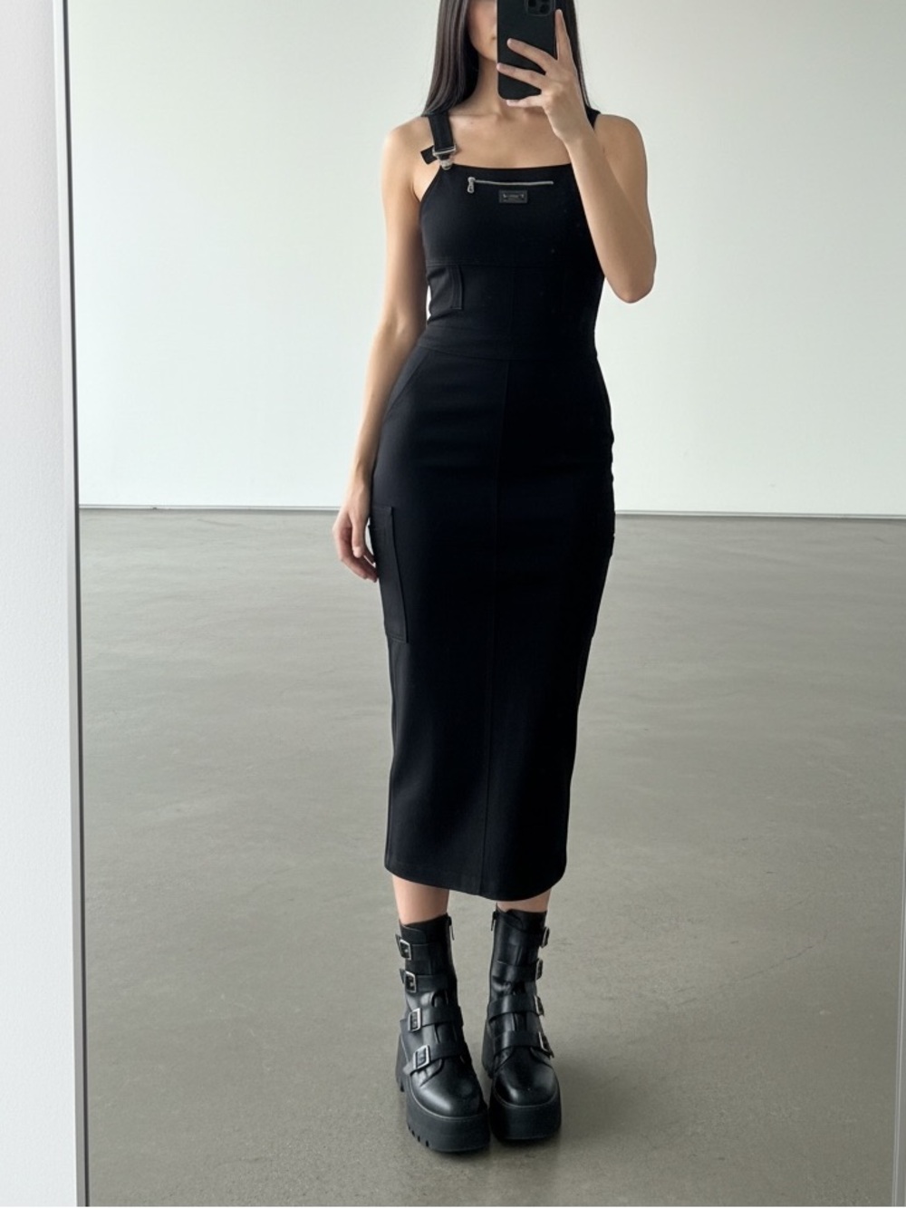 Vintage Y2K Black Cargo Overall Pinafore, Adjustable Strap Jumper Dress